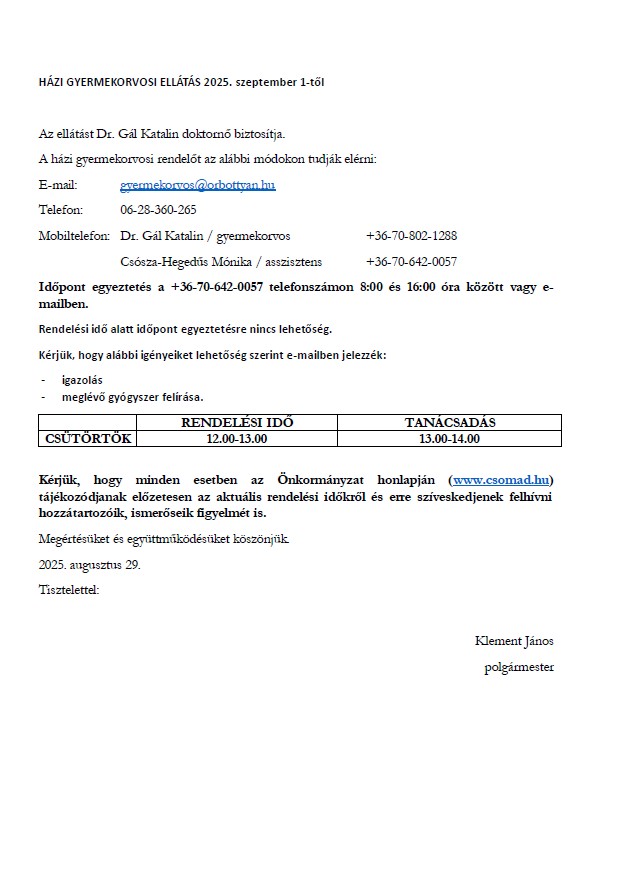 HÁZI GYERMEKORVOSI ELLÁTÁS 2025. szeptember 1-től
