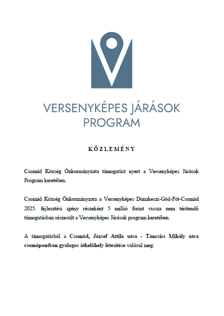 Versenyképes Járások Programon belül elnyert támogatás-közlemény