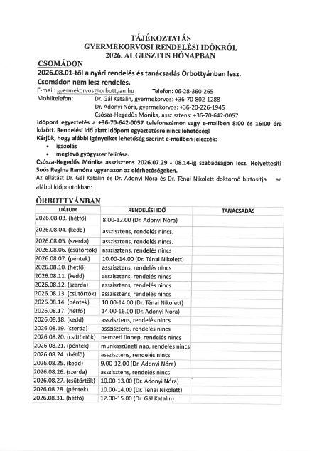 Gyermekorvosi rendelés 2026 augusztus