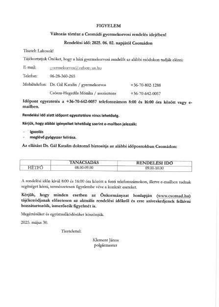 Figyelem változás történt a gyermekorvosi rendelésben