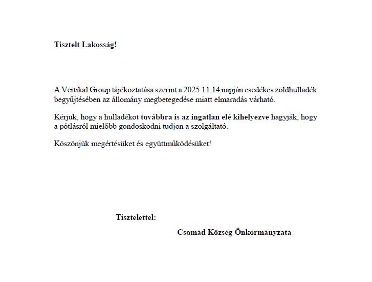 Vertikal zöldhulladék szállításban elmaradás 2025.11.14.