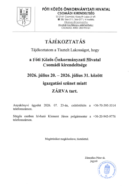 Tájékoztatás igazgatási szünetről