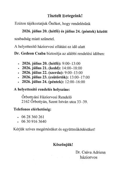 háziorvos szabadságon 2026 07 20-tól - 07. 24-ig háziorvos szabadságon 2026 07 20-tól - 07. 24-ig