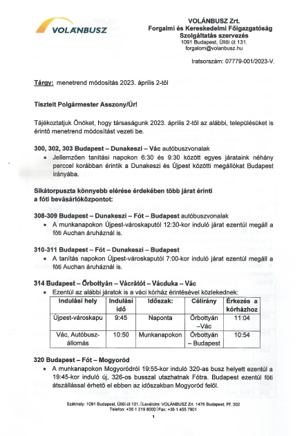 Volán menetrend módosítás 2023.04.02-től