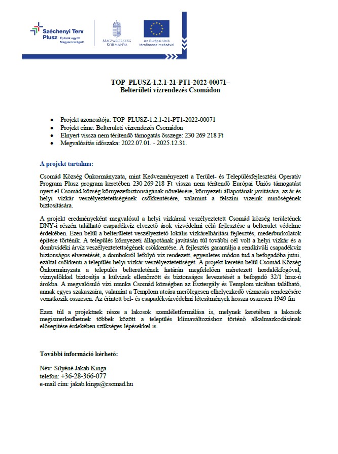 Belterületi csapadék vízrendezés Csomádon