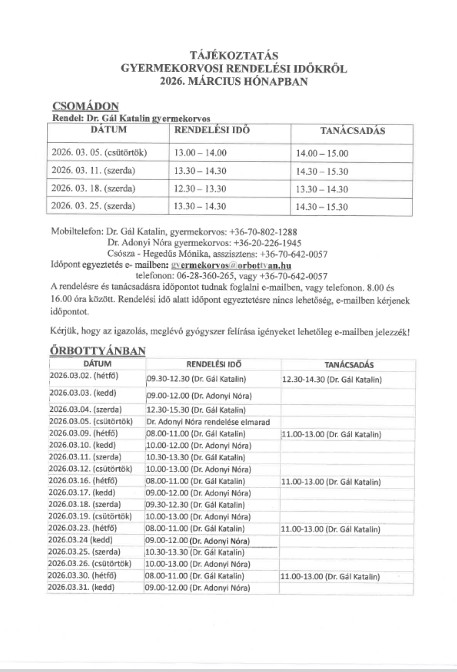 2026. 03. havi gyermekorvosi rendelés 2026. 03. havi gyermekorvosi rendelés