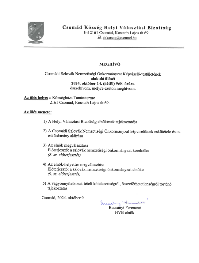 Meghívó szlovák alakuló ülésre 2024.10.14.