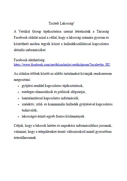 Tájékoztató - Vertikal Group - hulladékszállítással kapcsolatos információk