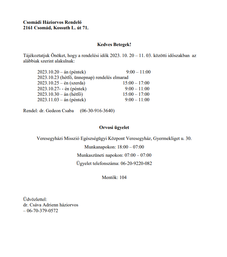 Háziorvos rendelési idők - 2023.10.20-2023.11.03.