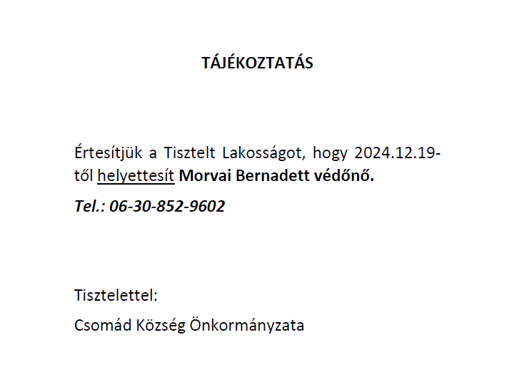 Védőnő rendelés - 2024.12.19-től