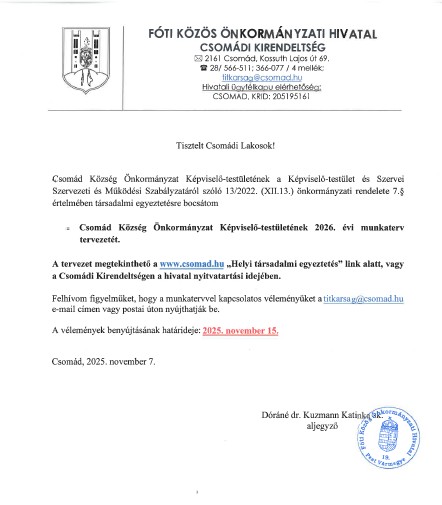 Képviselő-testület 2026. évi munkatervének társadalmi egyeztetése Képviselő-testület 2026. évi munkatervének társadalmi egyeztetése