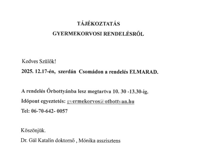 Tájékoztatás - gyermekorvosi rendelés elmarad 2025.12.17.