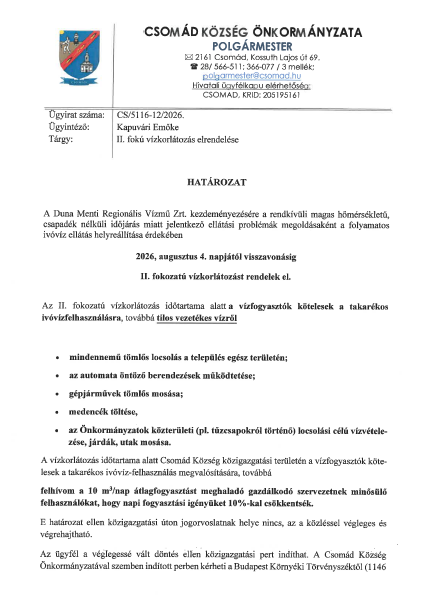 II. FOKOZATÚ VÍZKORLÁTOZÁS - HATÁROZAT