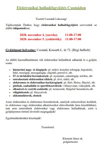 Tájékoztatás elektronikai hulladékgyűjtésről