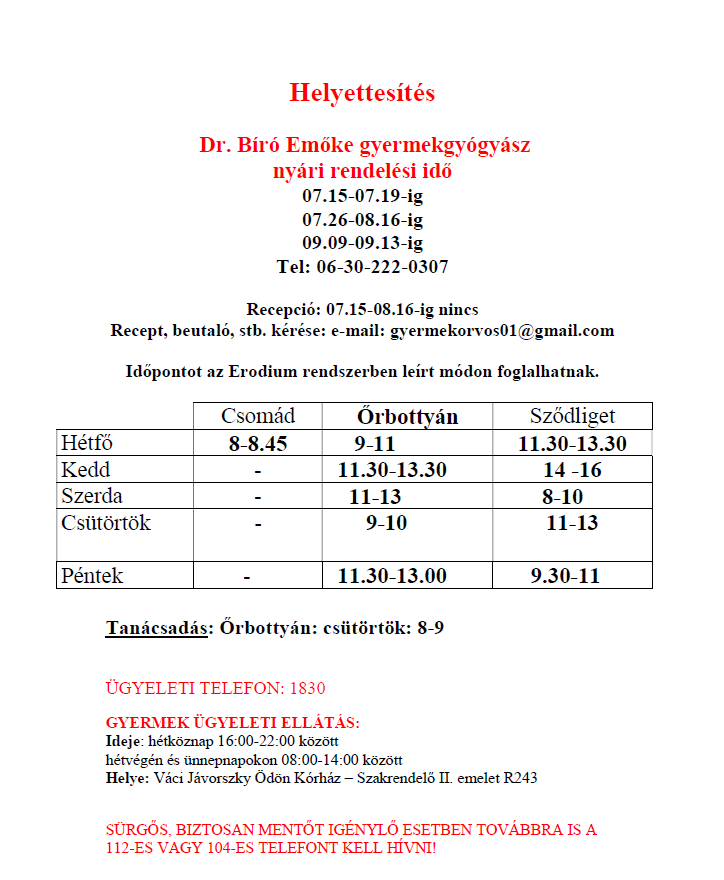 Dr. Bíró Emőke nyári rendelési idő 2024
