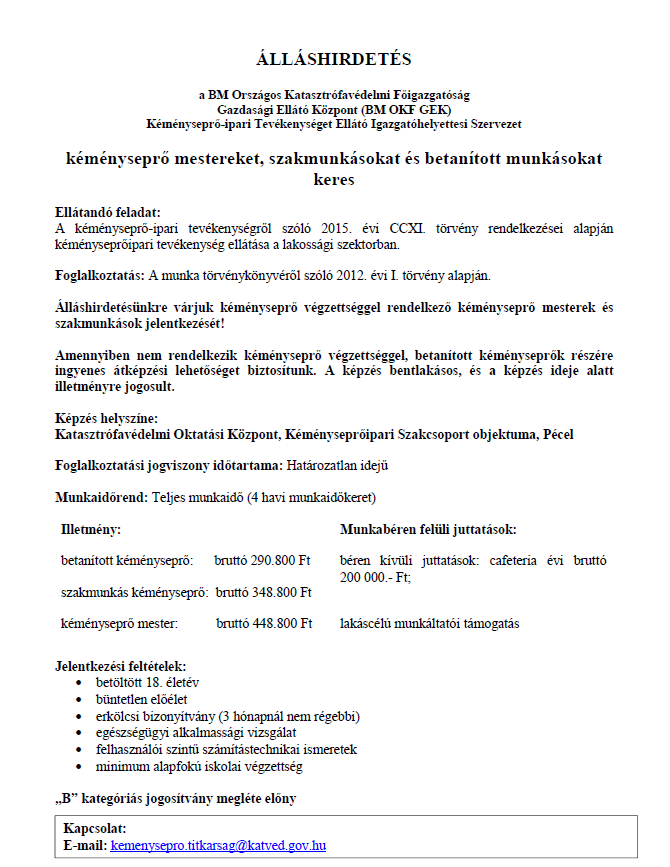 2. számú melléklet kéményseprő állás kapcsán