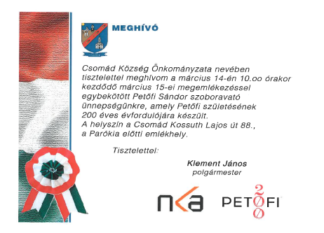 Meghívó március 15-i ünnepségre, Petőfi szobor avatásra 2023.03.14.