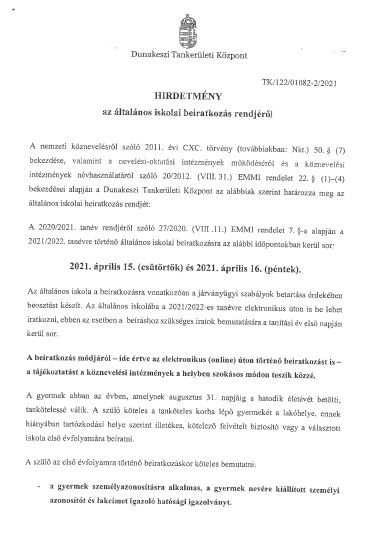 Általános iskola beiratkozási rendje