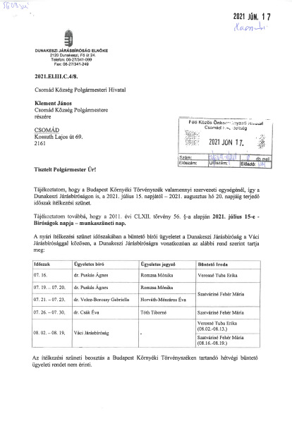  Dunakeszi Járásbíróság nyári ítélkezési szünet