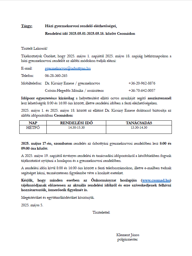 Tájékoztatás Gyermekorvosi rendelésről Csomádon