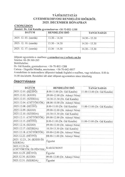 Gyermekorvosi rendelés 2025 12 hó