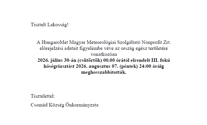 III. fokú hőségriasztás meghosszabbítása 2026.08.07-ig