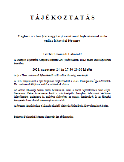 Meghívó a 71-es (veresegyházi) vasútvonal fejlesztéséről szóló online lakossági fórumra
