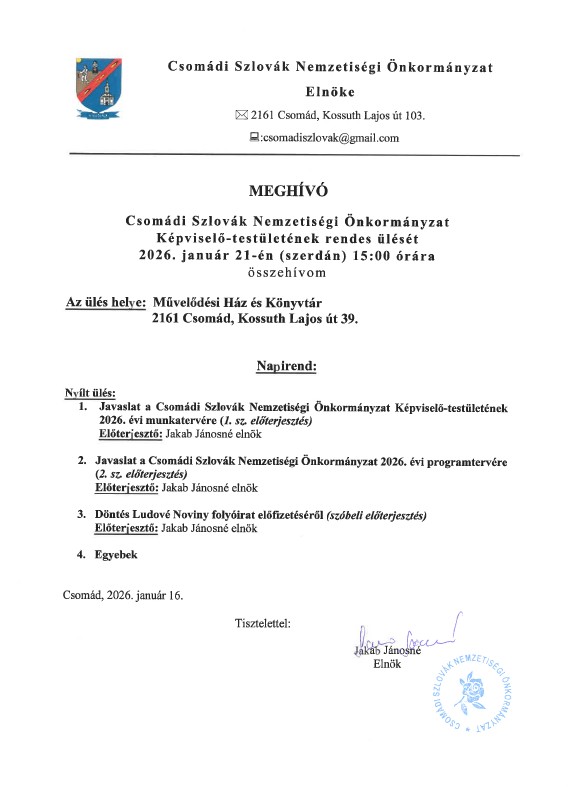 Meghívó - Csomádi Szlovák Nemzetiségi Önkormányzat KT. ülésére