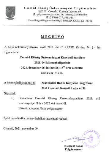 Csomád Közösség Önkormányzati Képviselő-testülete 2021. évi közmeghalgatására