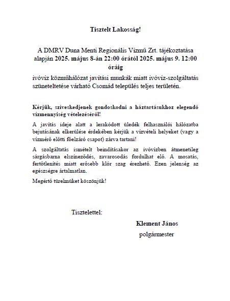 Ivóvíz-szolgáltatás szüneteltetése 2025.05.08-2025.05.09.