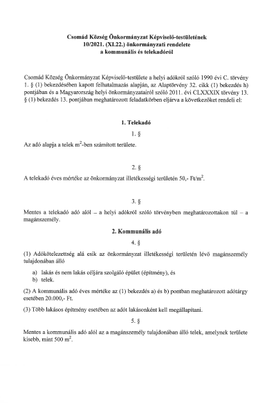 Önkormányzati rendelet kommunális és telekadóról