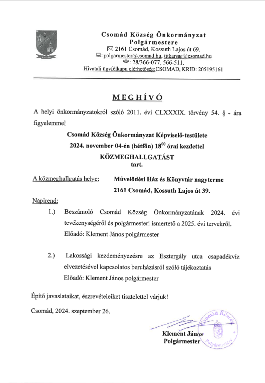 Közmeghallgatás meghívó 2024 11 04-én