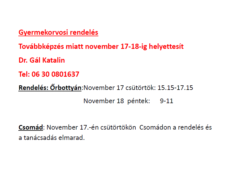 Gyermekorvos helyettesítés november 17-18 között