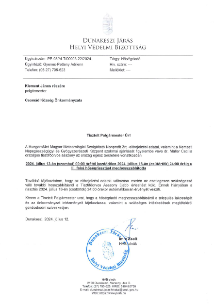 Hőségriadó hosszabbítás 2024.07.18-ig