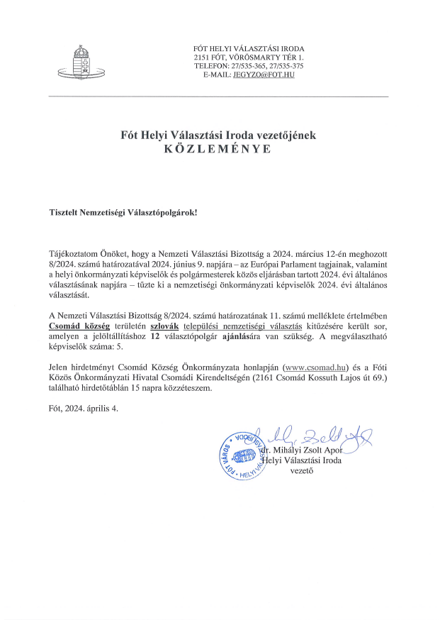 Fót Helyi Választási Iroda vezetőjének közleménye - Csomád
