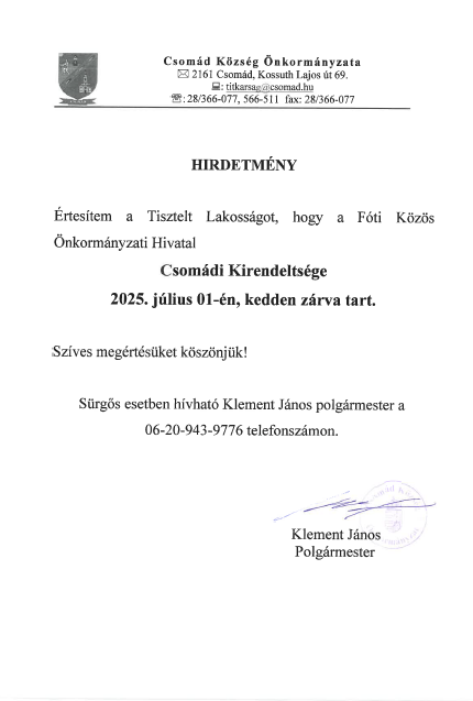 Önkormányzati Hivatal zárva