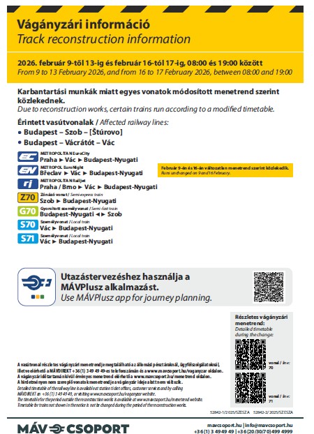 Pályaépítési munkák Vác - Verőce 2026.02.09-2026.02.17.