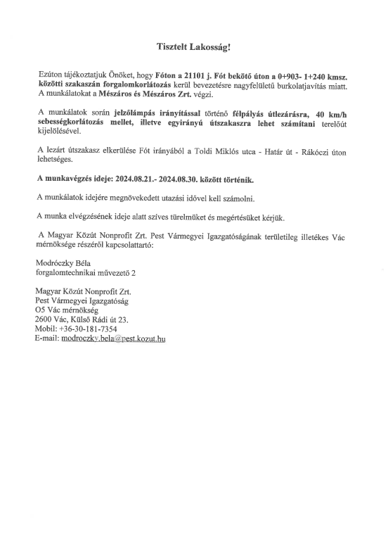 Tájékoztatás Fót útlezárás