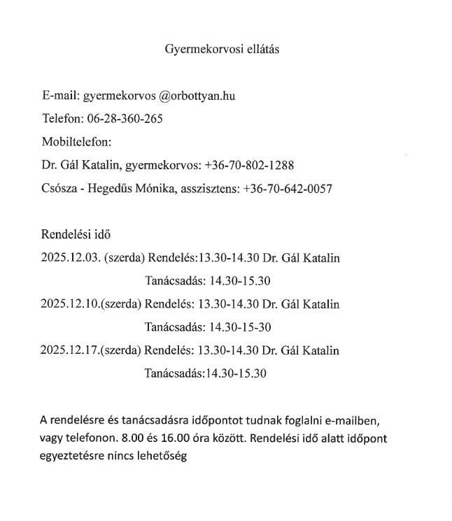 Gyerekorvos decemberi rendelés Gyerekorvos decemberi rendelés