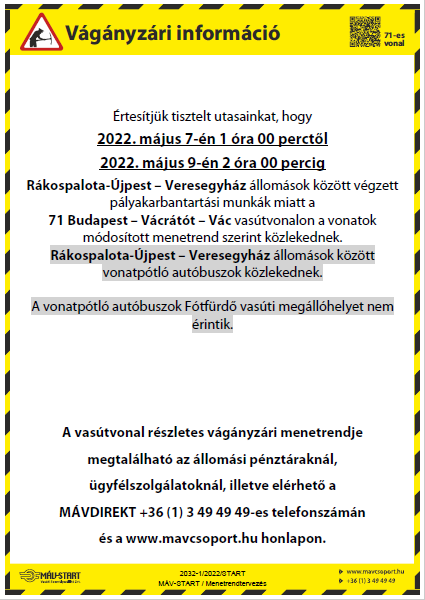 Pályaépítési munkák 2022.05.07. - 2022.05.09.-ig,   71-Rákospalota-Újpest - Veresegyház