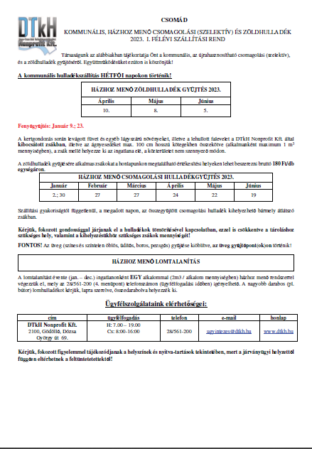 Tájékoztató - DTKH 2023. I. félév szállítási rend Csomád