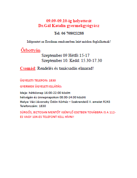 Gyermekorvos helyettesítés 2024.09.09-2024.09.10.