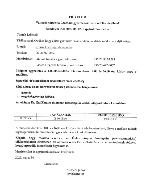 Tájékoztatás - Gyermekorvosi rendelésről