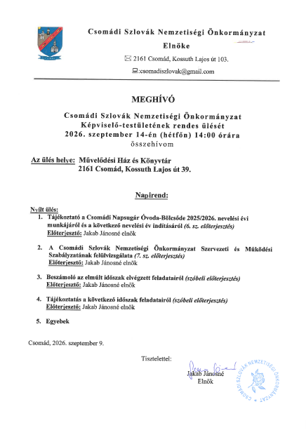 Meghívó - CSZSZNO KT ülésre 2026.09.14.