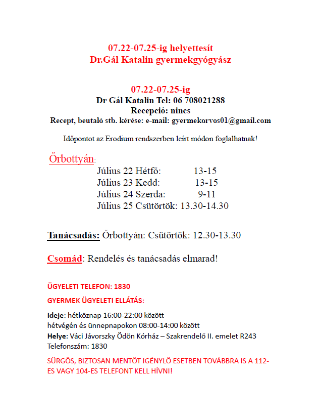Gyermekorvos helyettesítés 2024.07.22-2024.07.25.