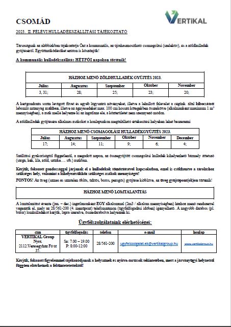 Csomád 2023. II. féléves hulladékgyűjtési tájékoztató