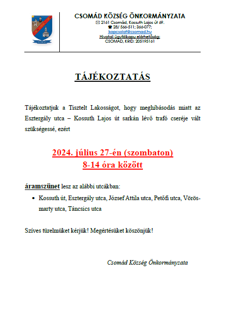 Tájékoztatás áramszünetről