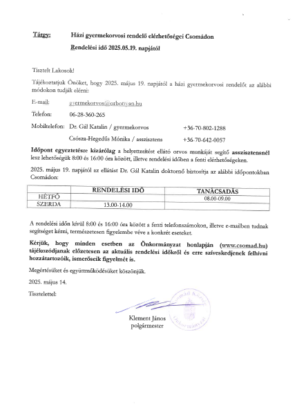 Tájékoztatás gyermekorvosi rendelésről 2025 05 19-től