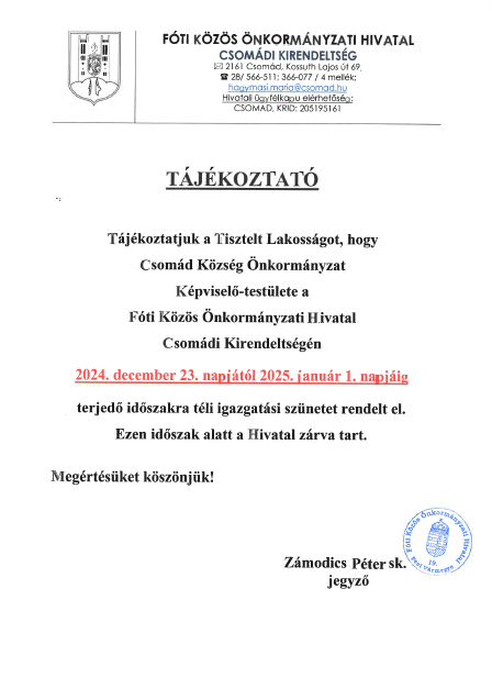 Tájékoztató téli igazgatási szünetről