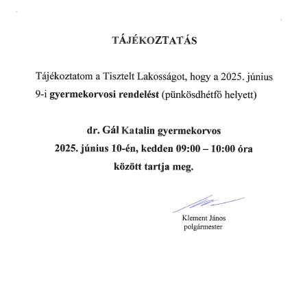Gyermekorvosi rendelés pünkösdhétfő helyett kedden